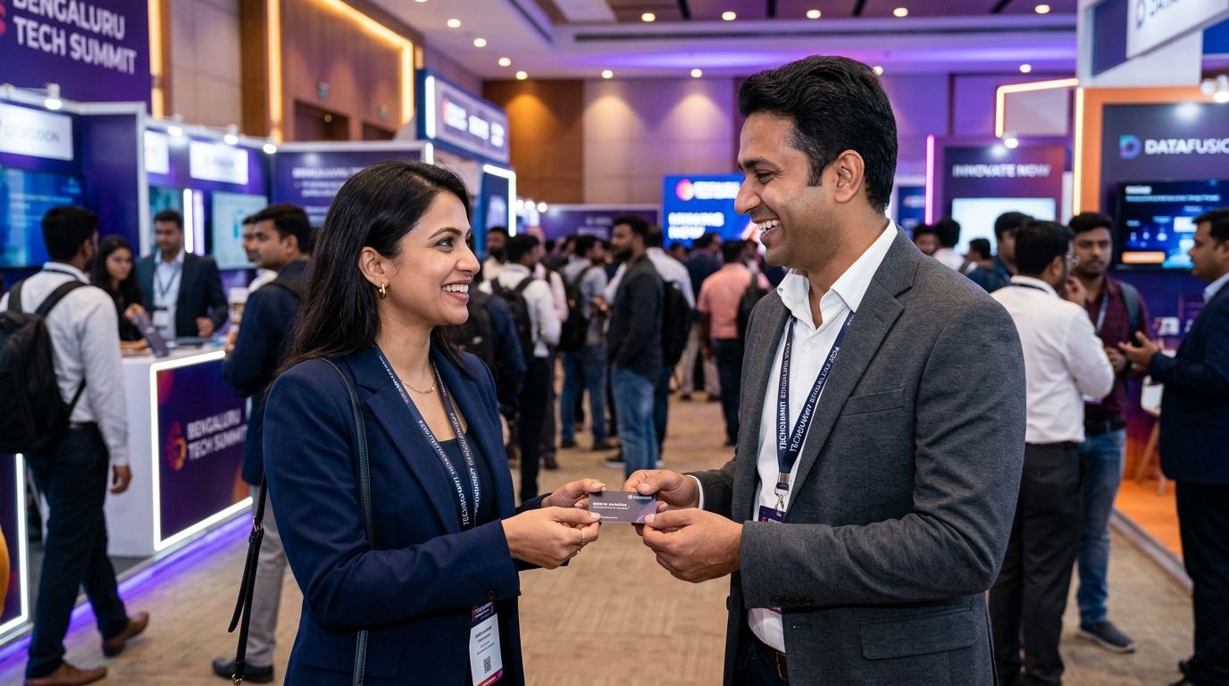 Two professionals connecting and exchanging contact at a conference